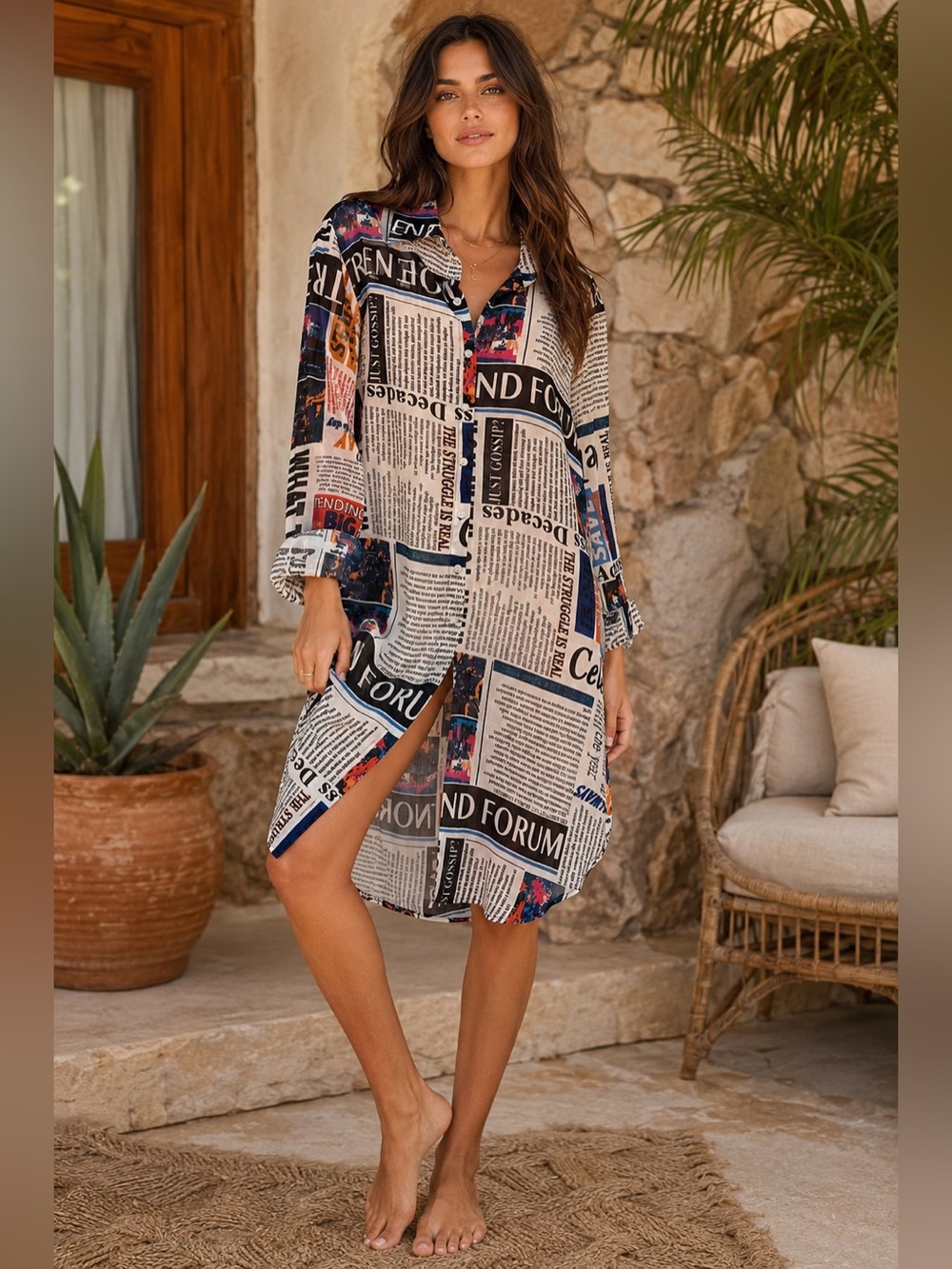 Sheer Newspaper Editorial Print Shirt Dress Kimono Duster Cover-Up